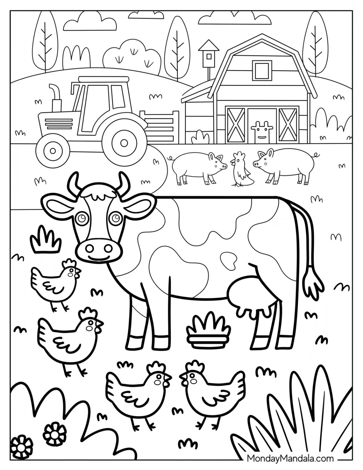 Cow Coloring Page And Chickens On A Busy Farm With Tractor And Barn for Kids