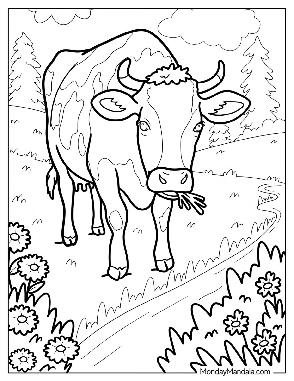 Cow Coloring Page Chewing Grass Near A Winding Stream And Blooming Field