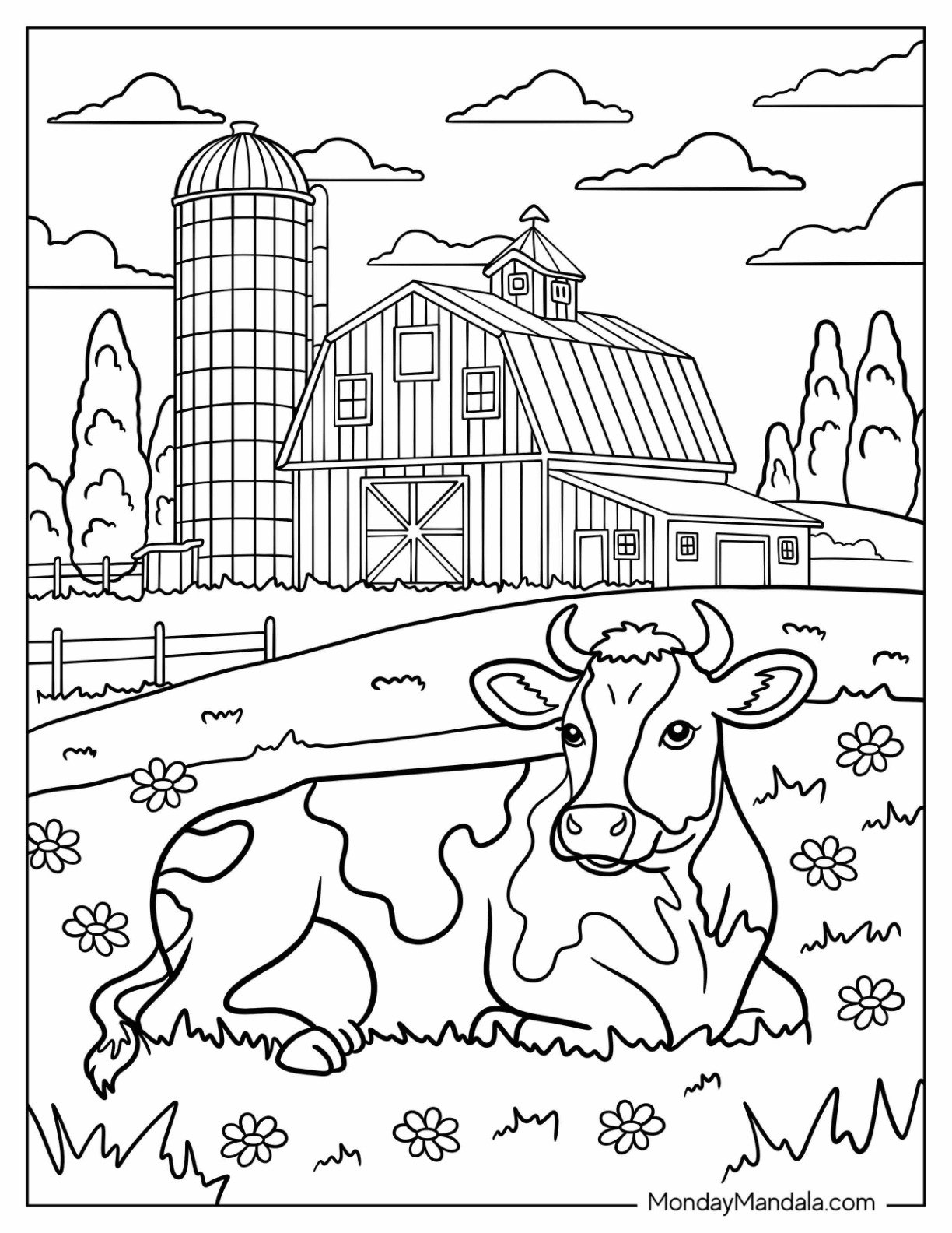 Farm Animal Coloring Page of Cow Relaxing in Meadow Beside Farm Fence and Silo