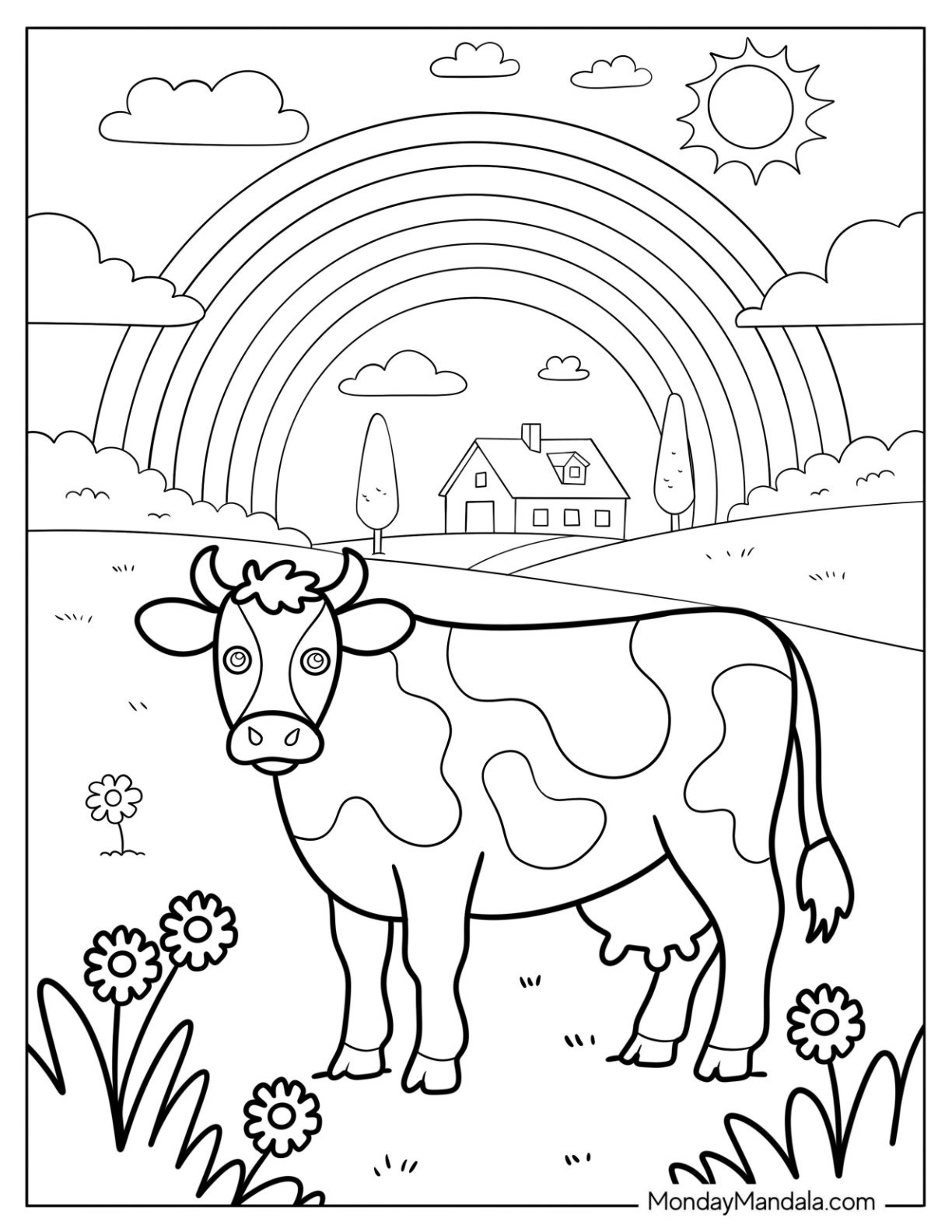 Cow Coloring Page Standing In A Meadow With Rainbow And Farmhouse