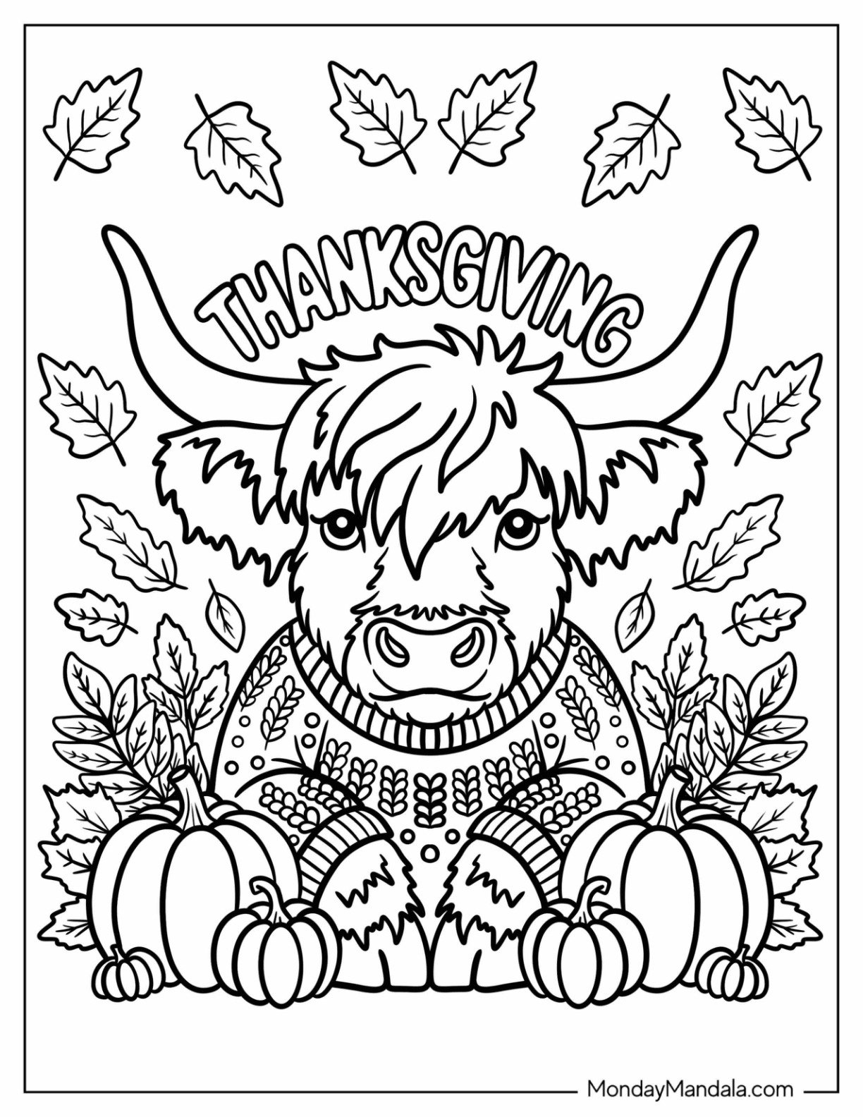 Thanksgiving Coloring Page of Cow in Sweater with Pumpkins and Leaves