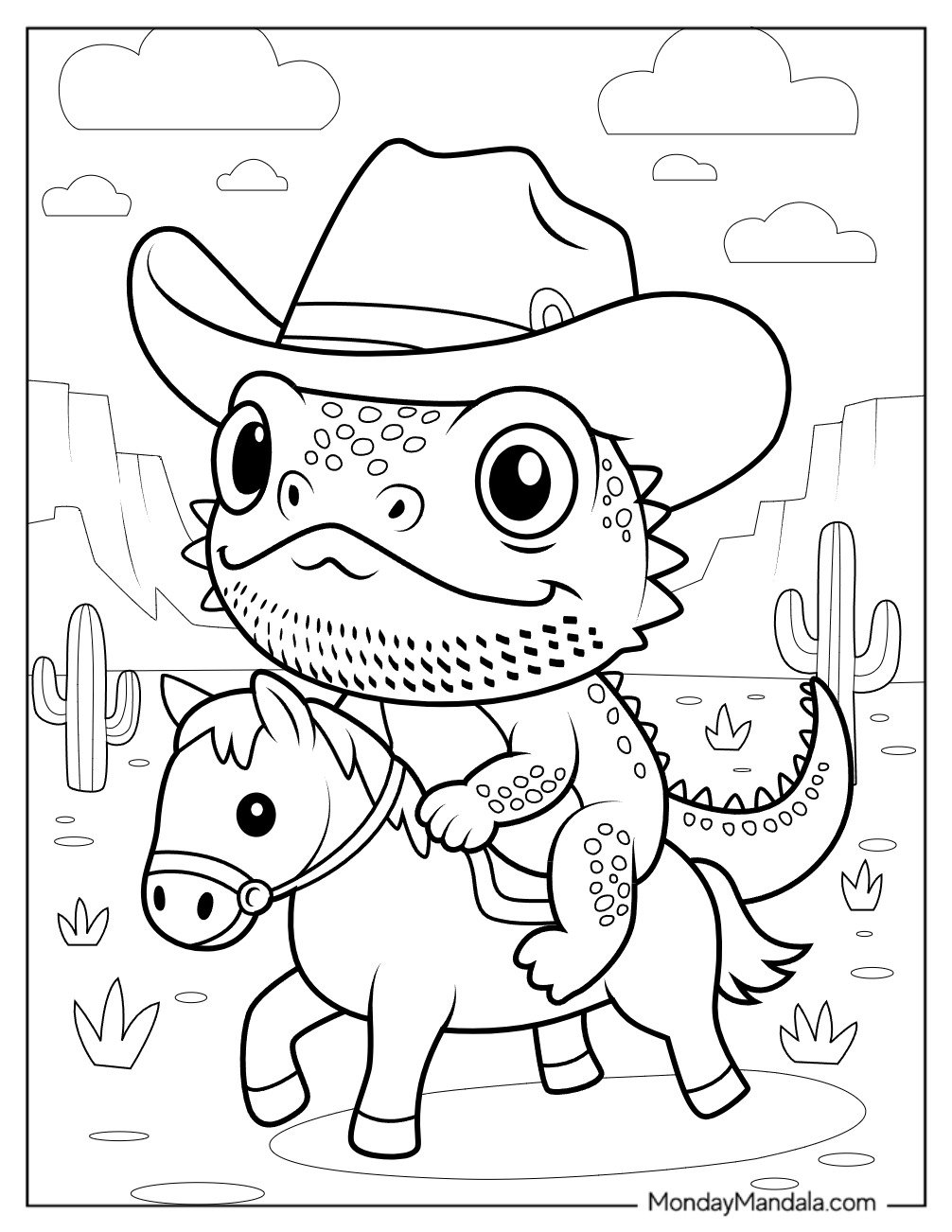 Cowboy Bearded Dragon Coloring Page Riding a Horse