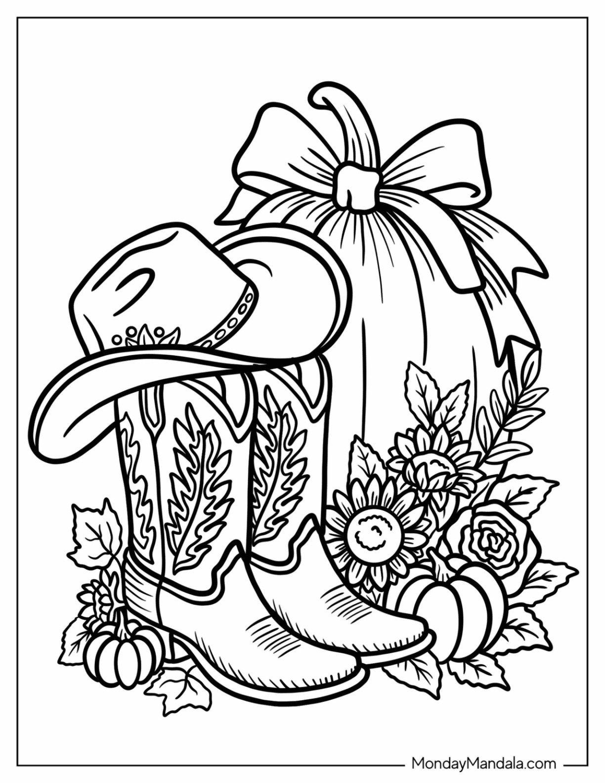 Cowboy Boots and Hat with Pumpkin and Flowers Fall Coloring Page