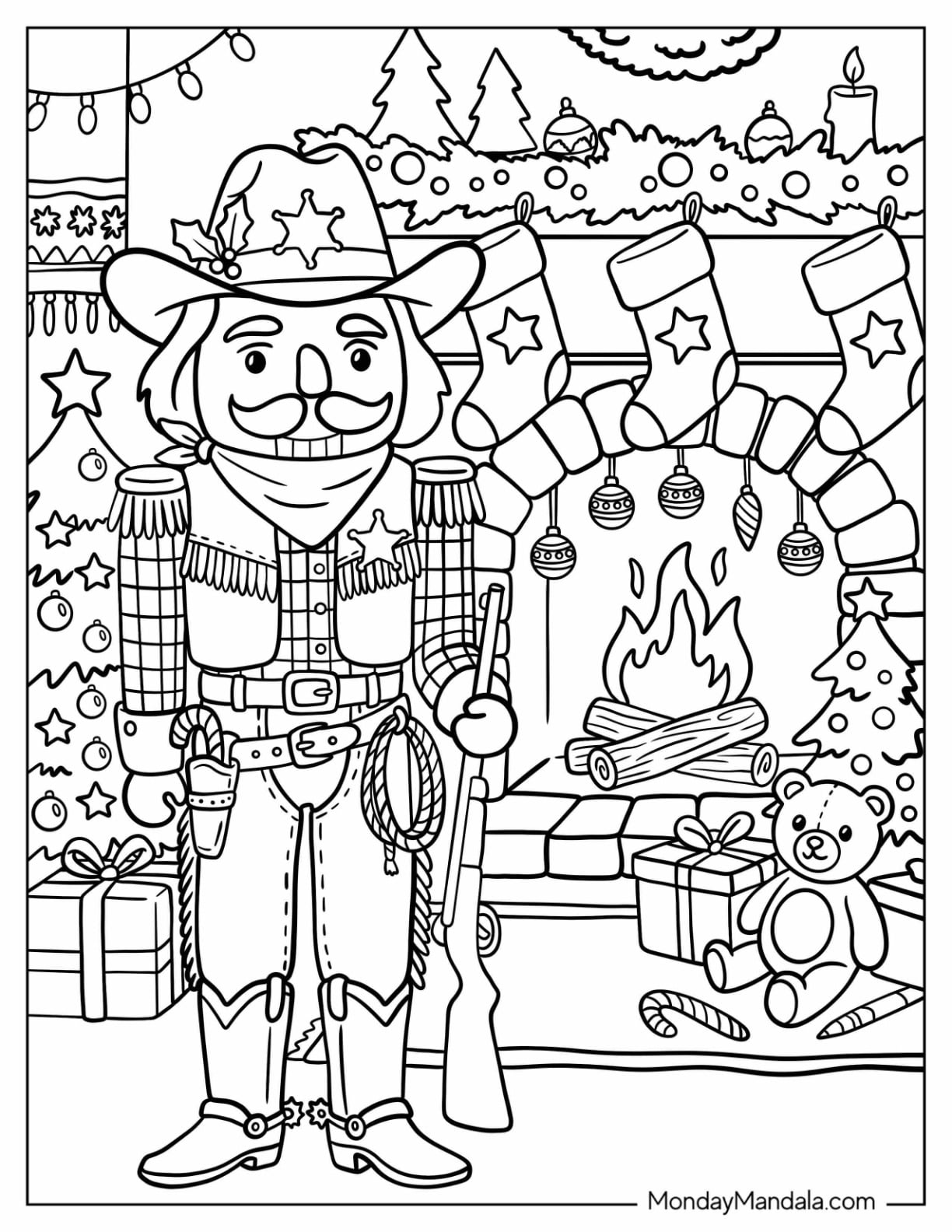 Cowboy Nutcracker Holding a Lasso by a Christmas Fireplace