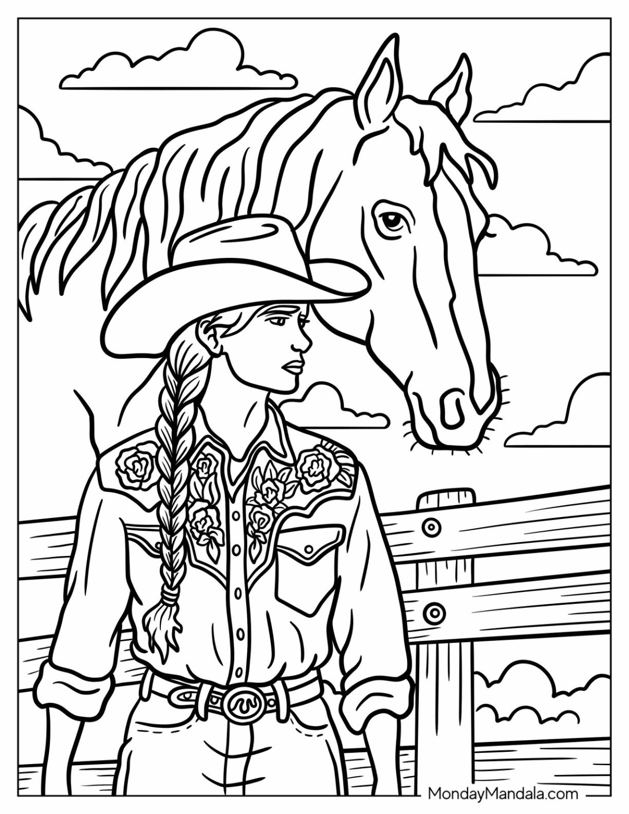 Cowgirl with Her Horse Coloring Page Behind a Fence