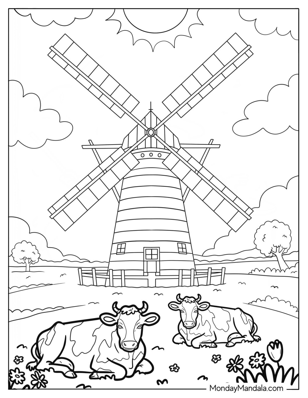Cows Resting in Front of a Tall Farm Coloring Page Windmill