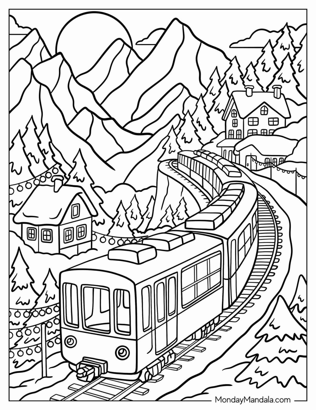 Cozy Alpine Train Coloring Page with Cabins and Christmas Lights