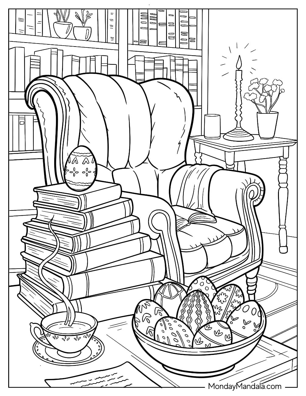 Easter For Adults Coloring Page of Cozy Armchair Surrounded by Books, Easter Eggs, and Tea