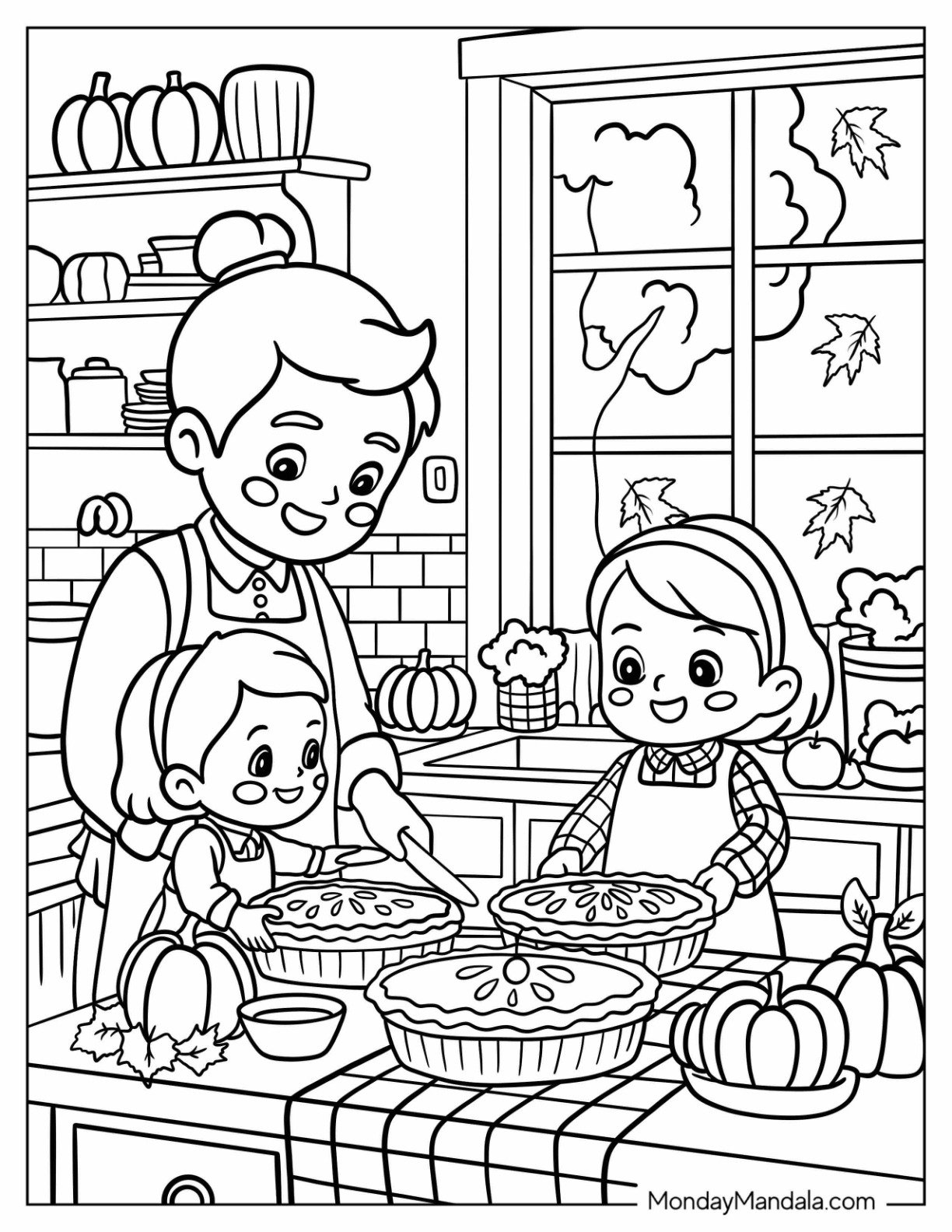 Thanksgiving Coloring Page Cozy Autumn Kitchen with Father and Kids Baking Pies for Kids