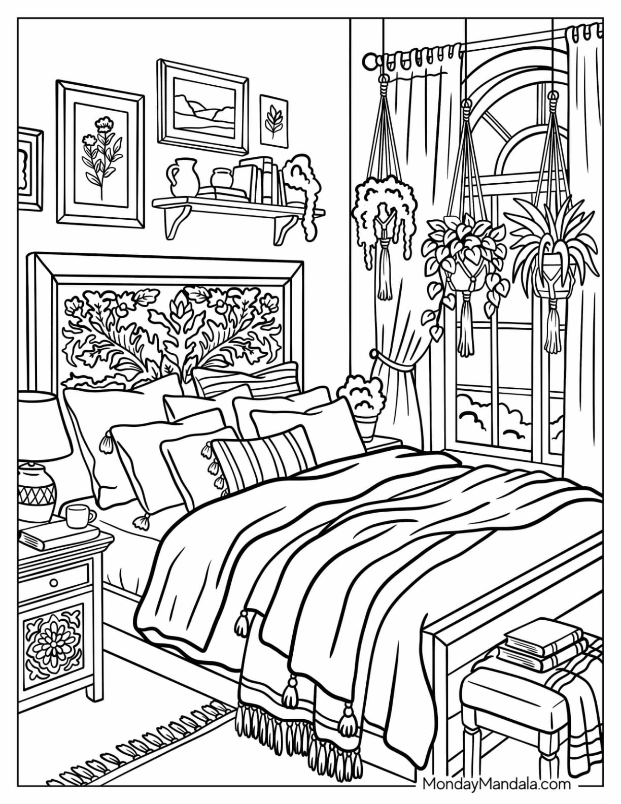 Cozy Boho Bedroom with Hanging Plants and Layered Textiles Coloring Sheet