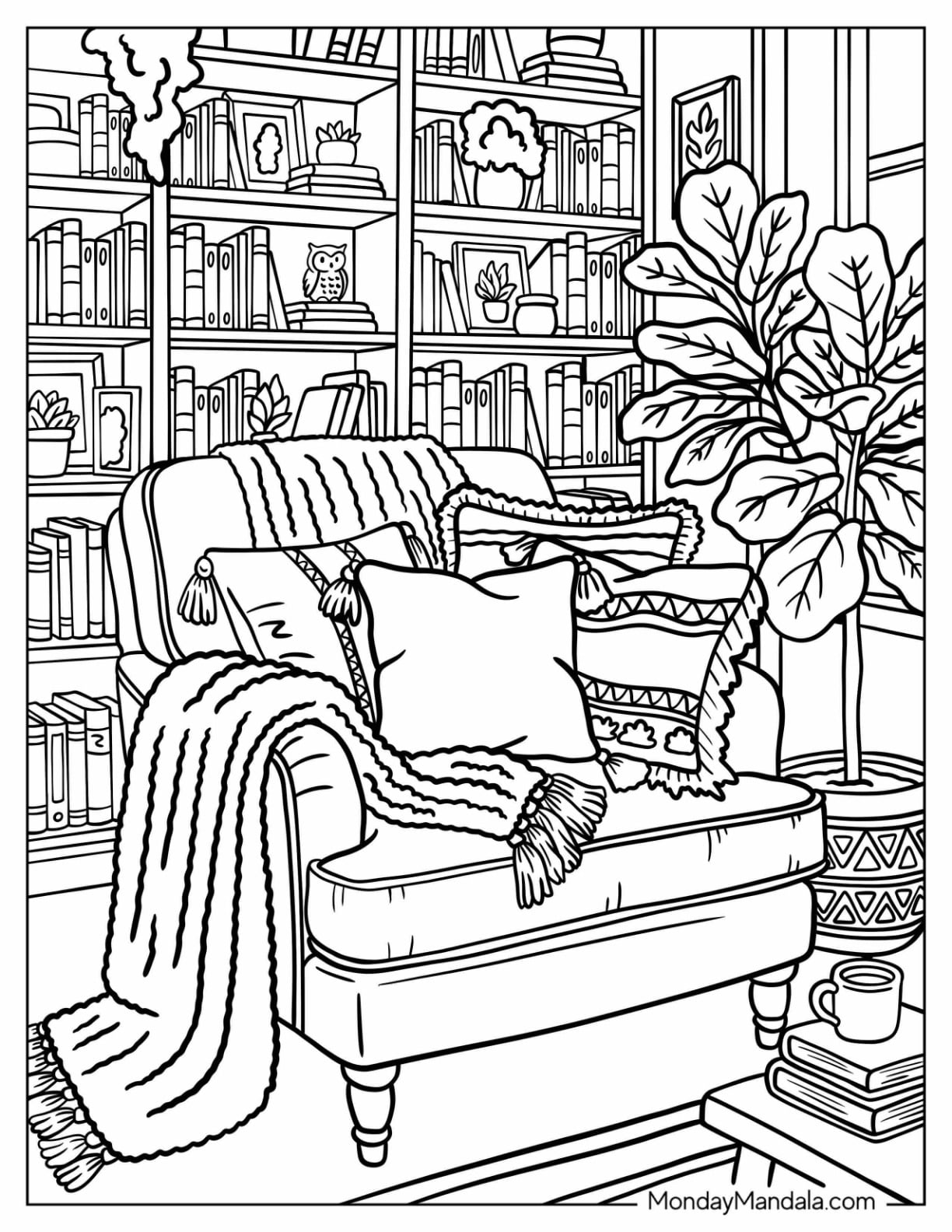 Cozy Boho Reading Nook with Layered Pillows and Bookshelves