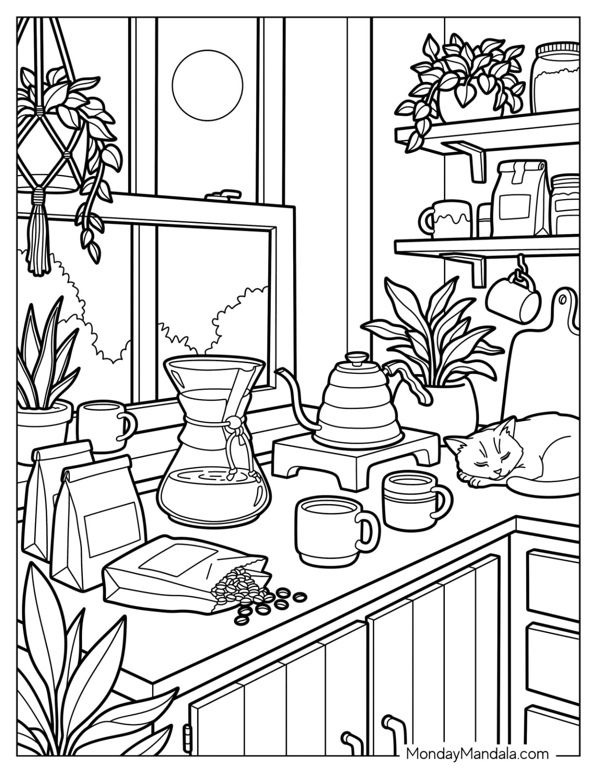 Cozy Coffee Corner with Pour Over Brewer and Sleeping Cat Coloring Sheet