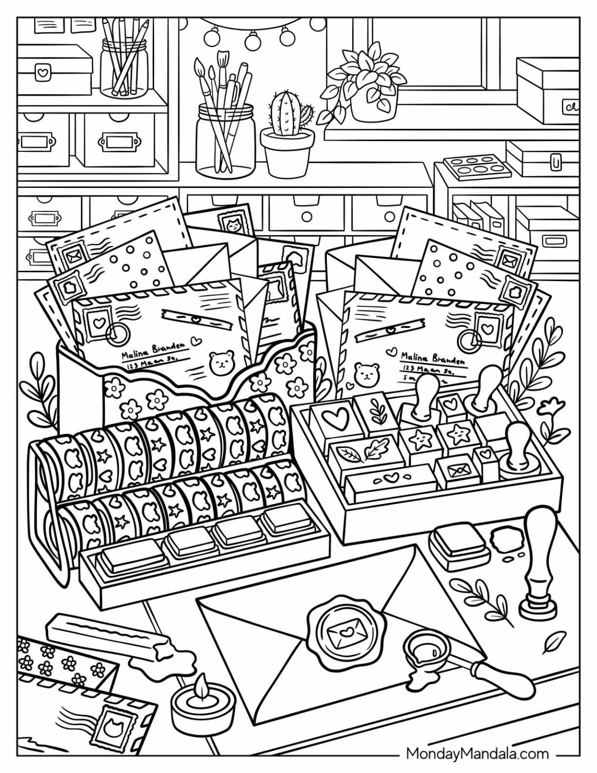 Cozy Craft Room with Handmade Cards, Envelopes, Stamps, and Art Supplies