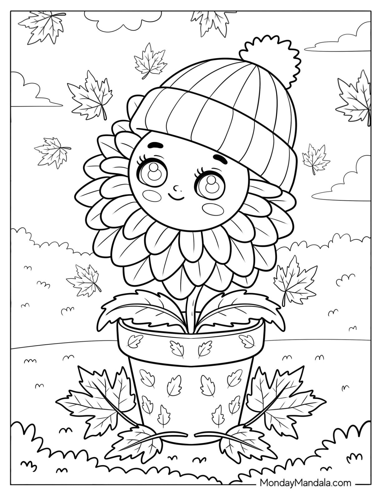 Cozy Dahlia Flower Coloring Page Wearing a Knitted Hat in a Pot for Kids
