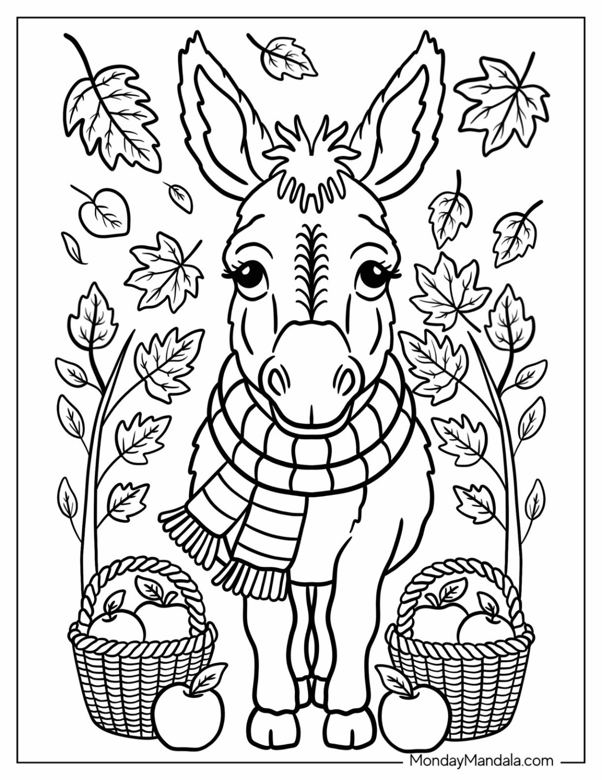 Cozy Donkey Coloring Page with Scarf Standing with Apple Baskets in Fall for Kids