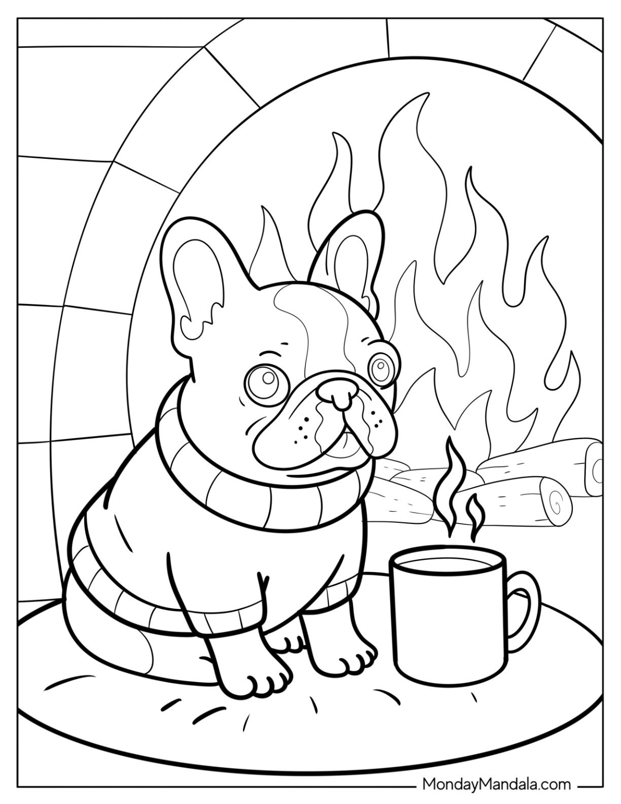 Cozy French Bulldog Coloring Page in a Sweater with Hot Drink by the Fireplace for Kids