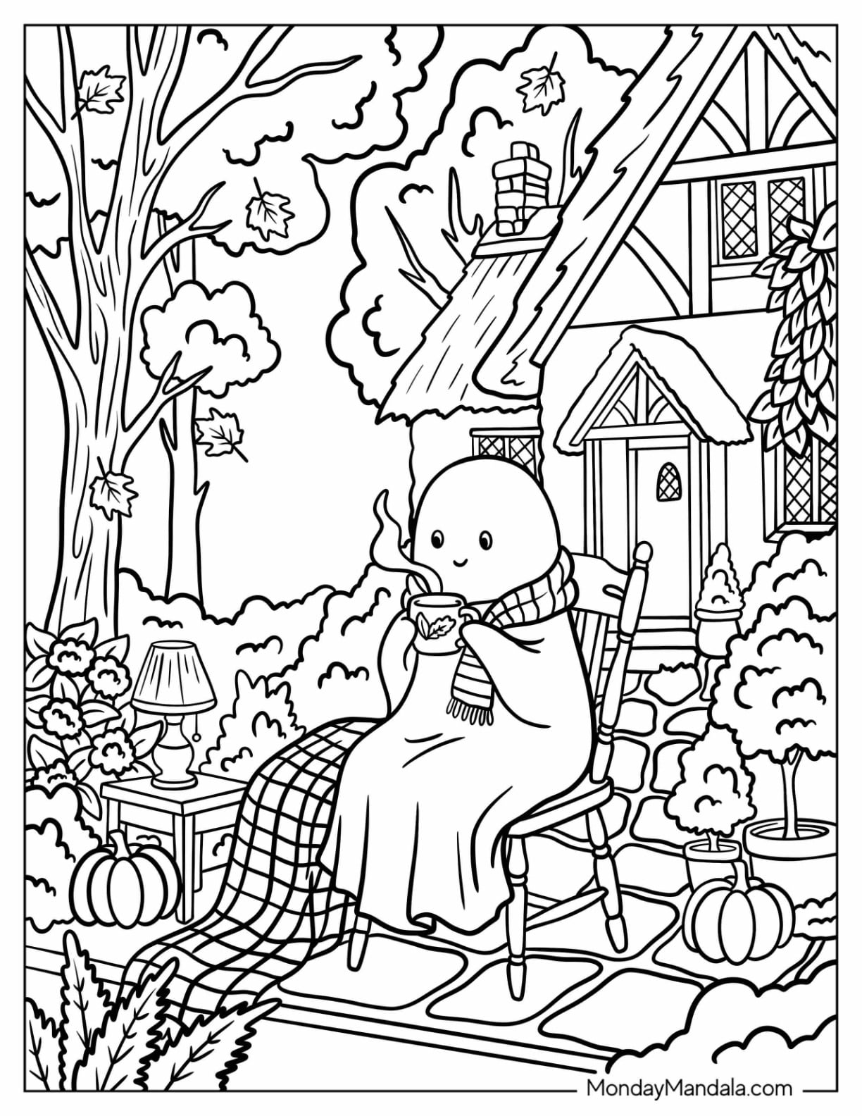 Cozy Ghost Drinking Tea Outside in Autumn