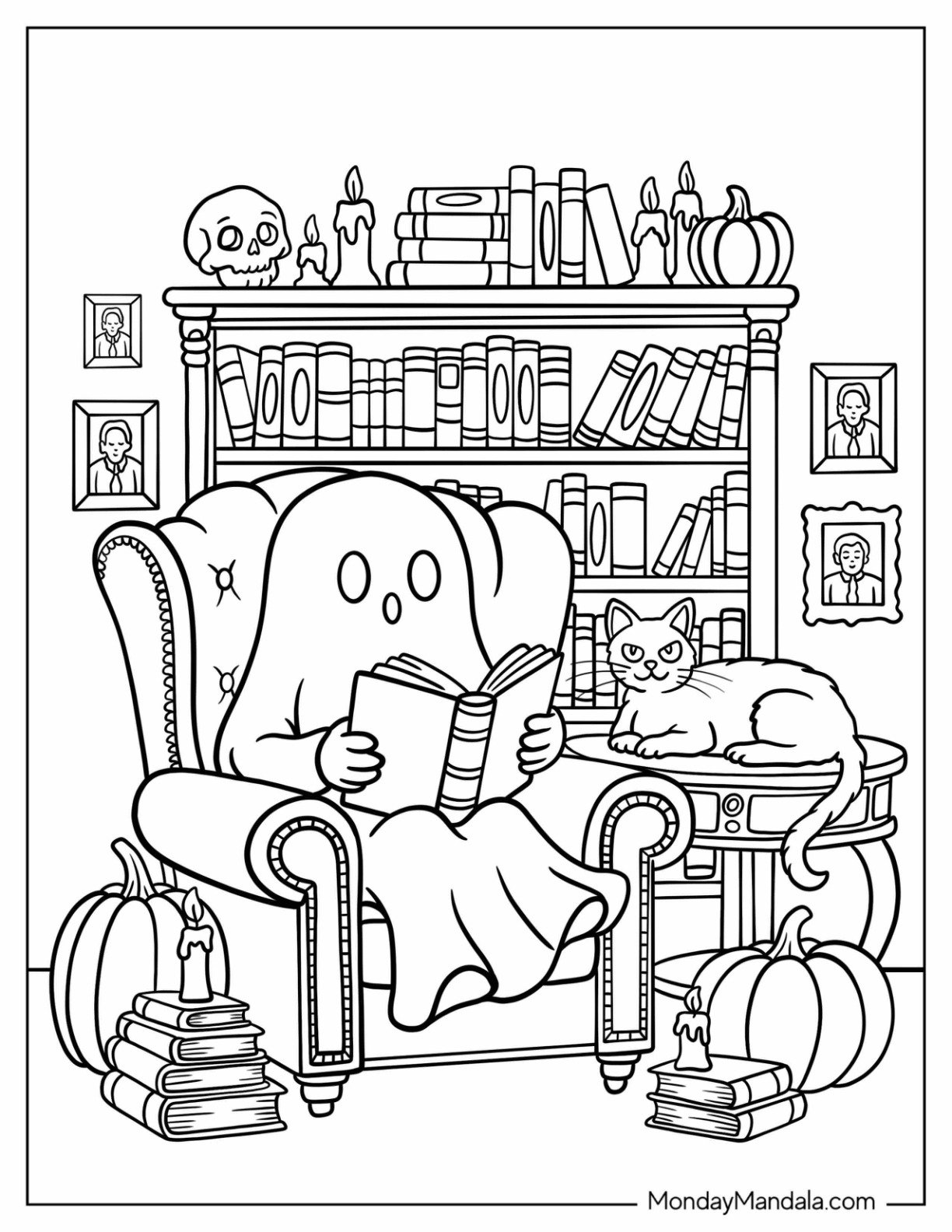 Halloween Coloring Page for Adults of Cozy Ghost Reading in a Library with a Cat