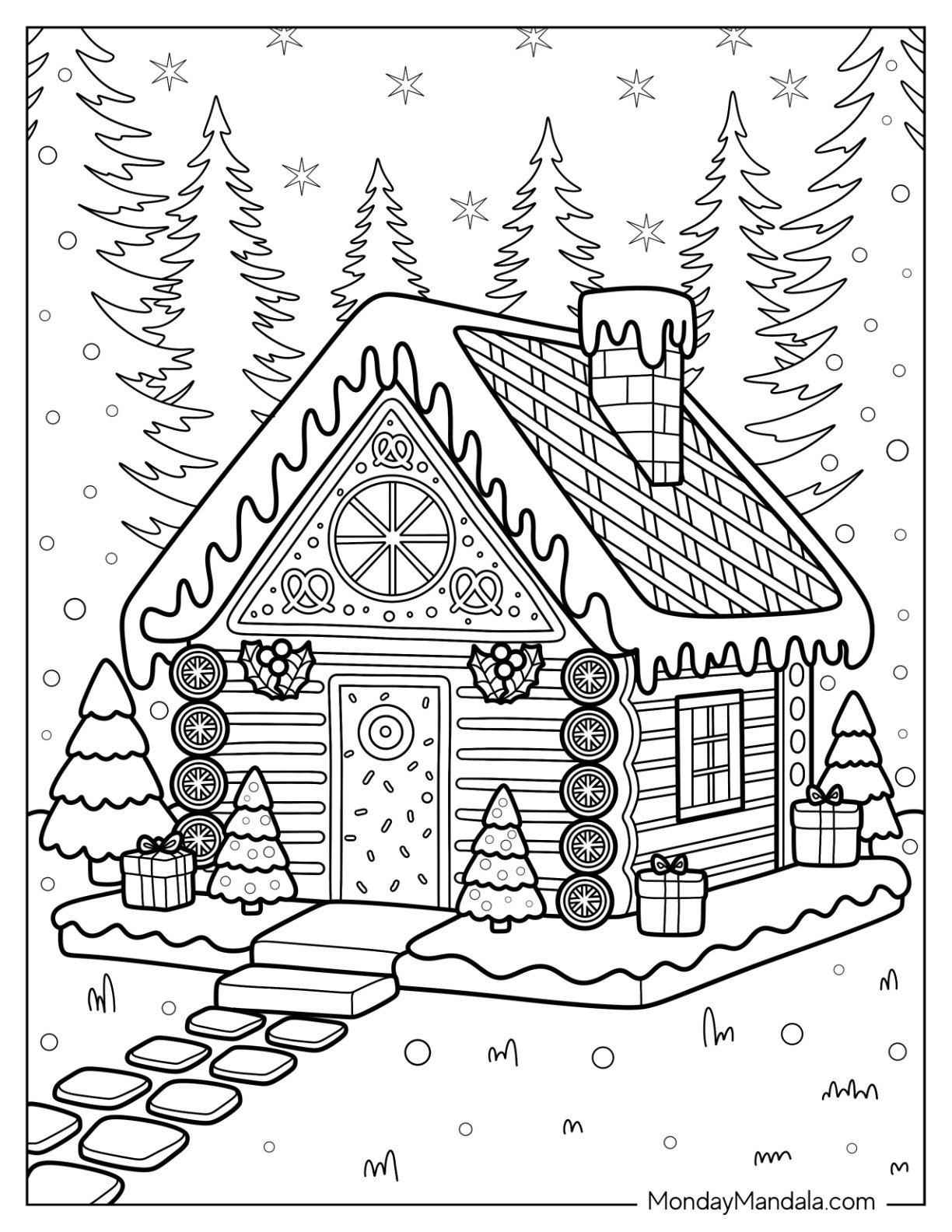 Cozy Gingerbread House Coloring Page in Wintry Forest for Kids
