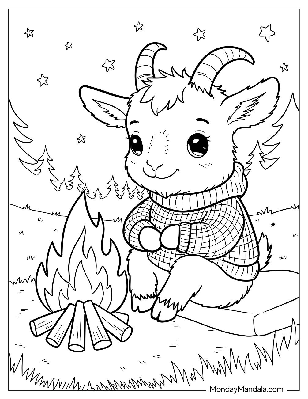 Cozy Goat Coloring Page in a Sweater Enjoying Campfire