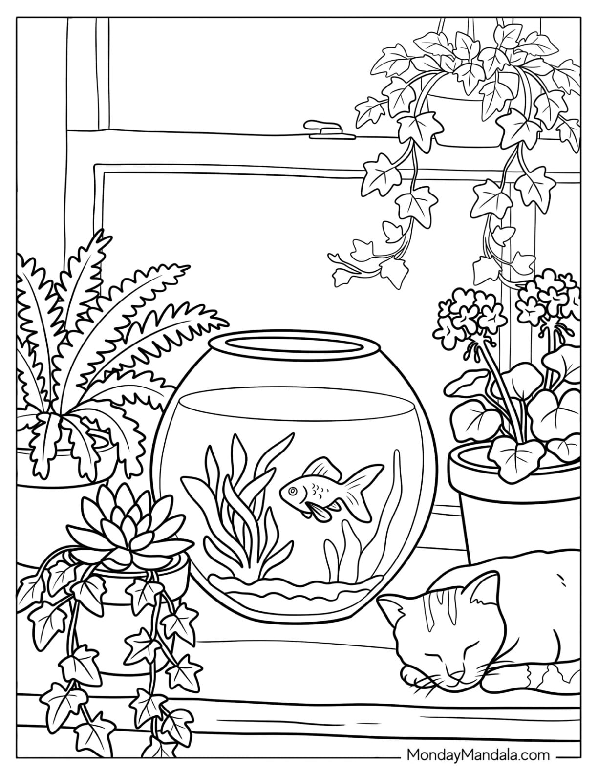 Cozy Goldfish Coloring Page in Fish Bowl Surrounded by Plants and Sleeping Cat