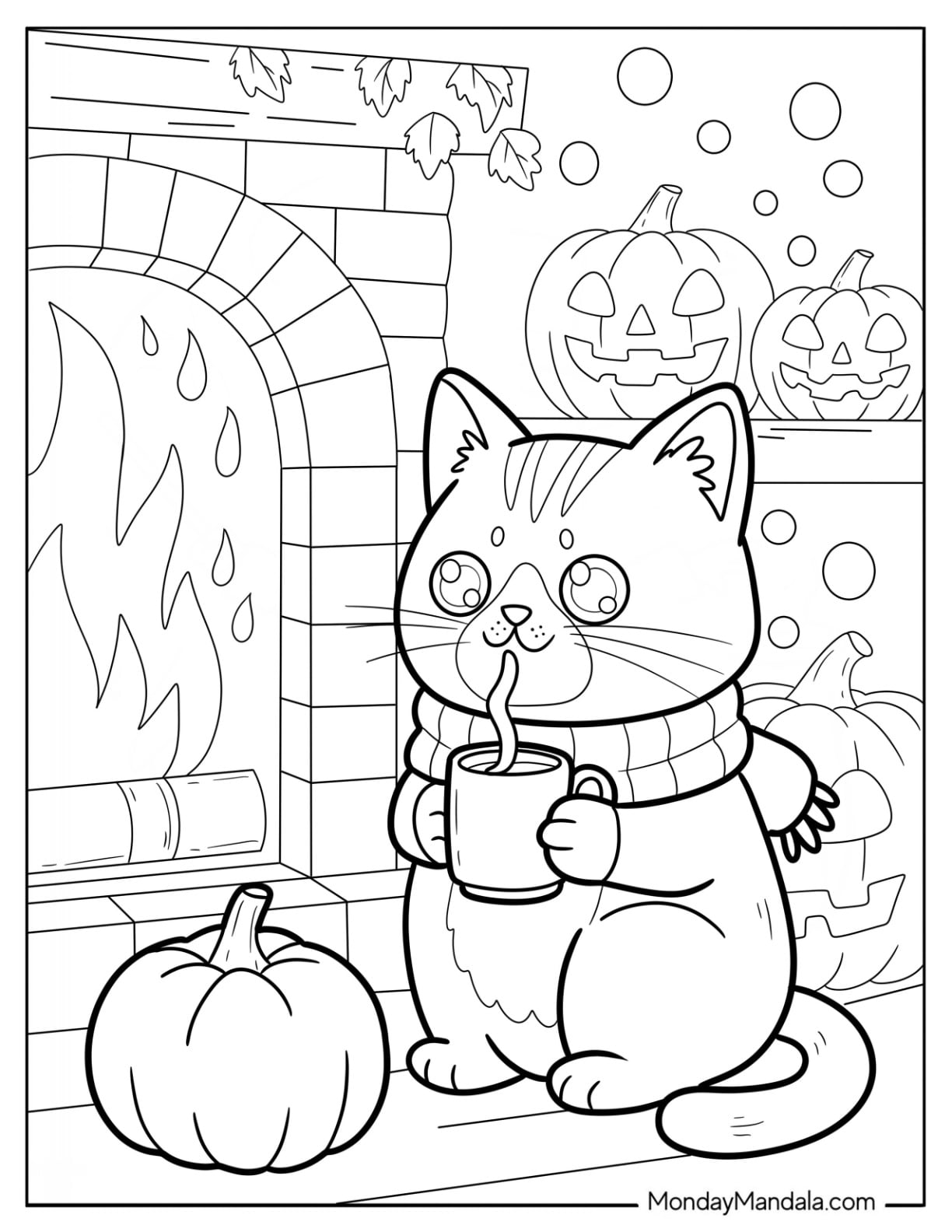 Cozy Halloween Cat Coloring Page in Scarf Holding Hot Drink Next to a Fireplace