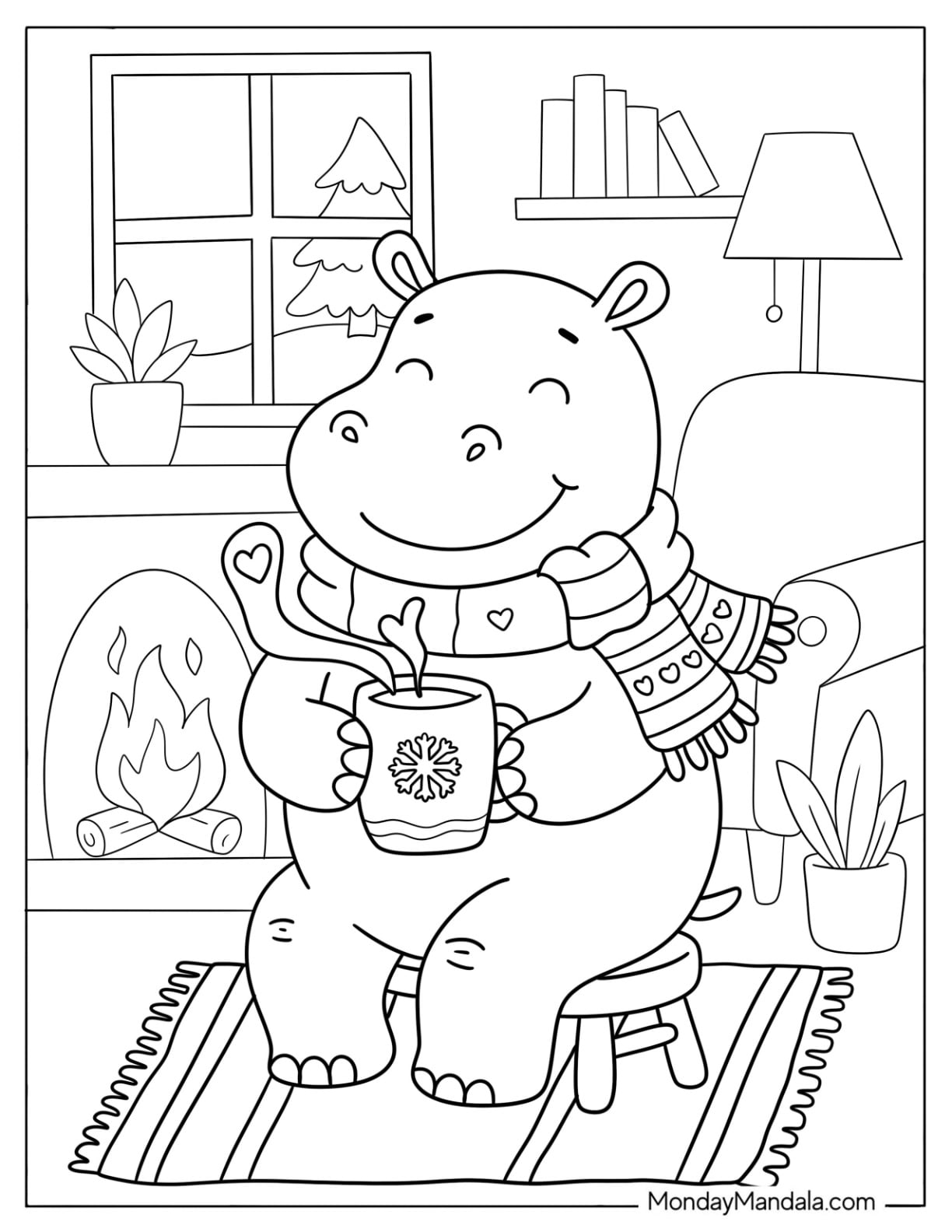 Cozy Hippo Drinking Hot Cocoa in Winter