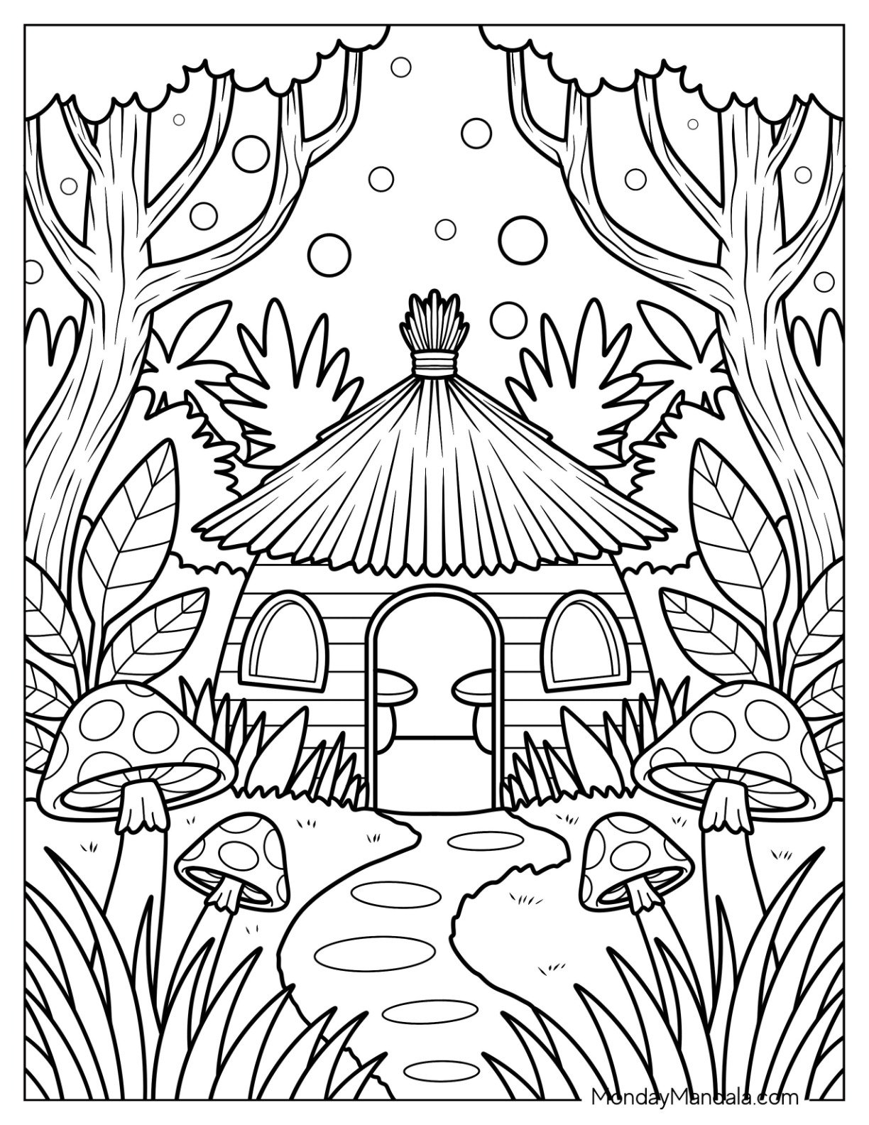 Cozy Jungle Coloring Page of Hut Surrounded by Giant Mushrooms and Trees