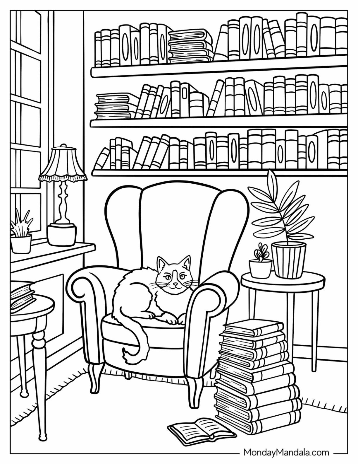 Cozy Library Coloring Page Reading Nook with Cat on Chair, Bookshelves, and Window Light