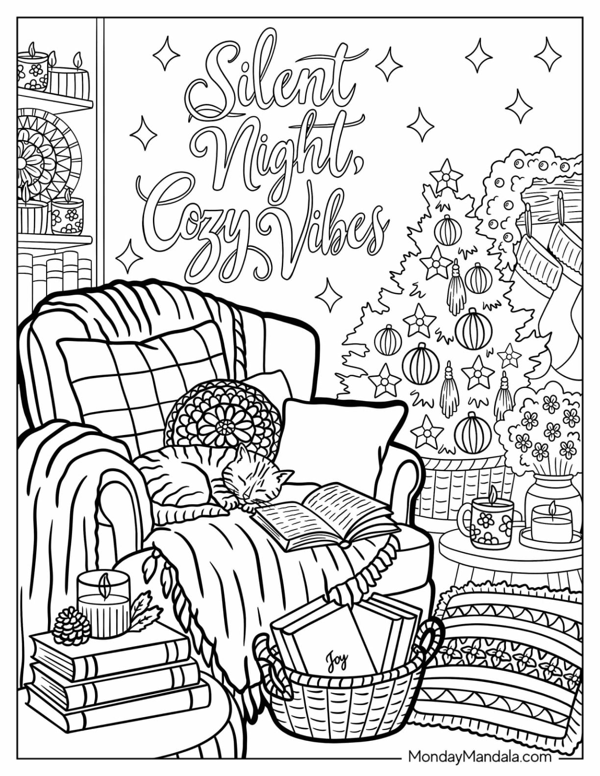 Cozy Living Room with Cat, Christmas Tree, Books, and Warm Drinks Christmas for Adults Coloring Page