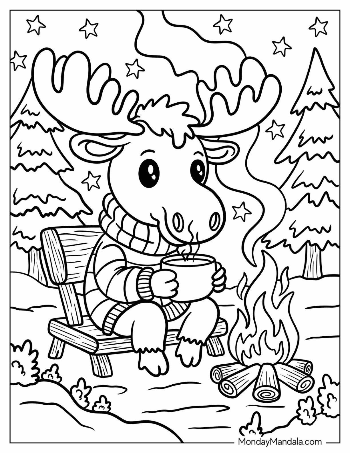 Cozy Moose Holding Hot Drink Next to a Bonfire Coloring Page for Kids