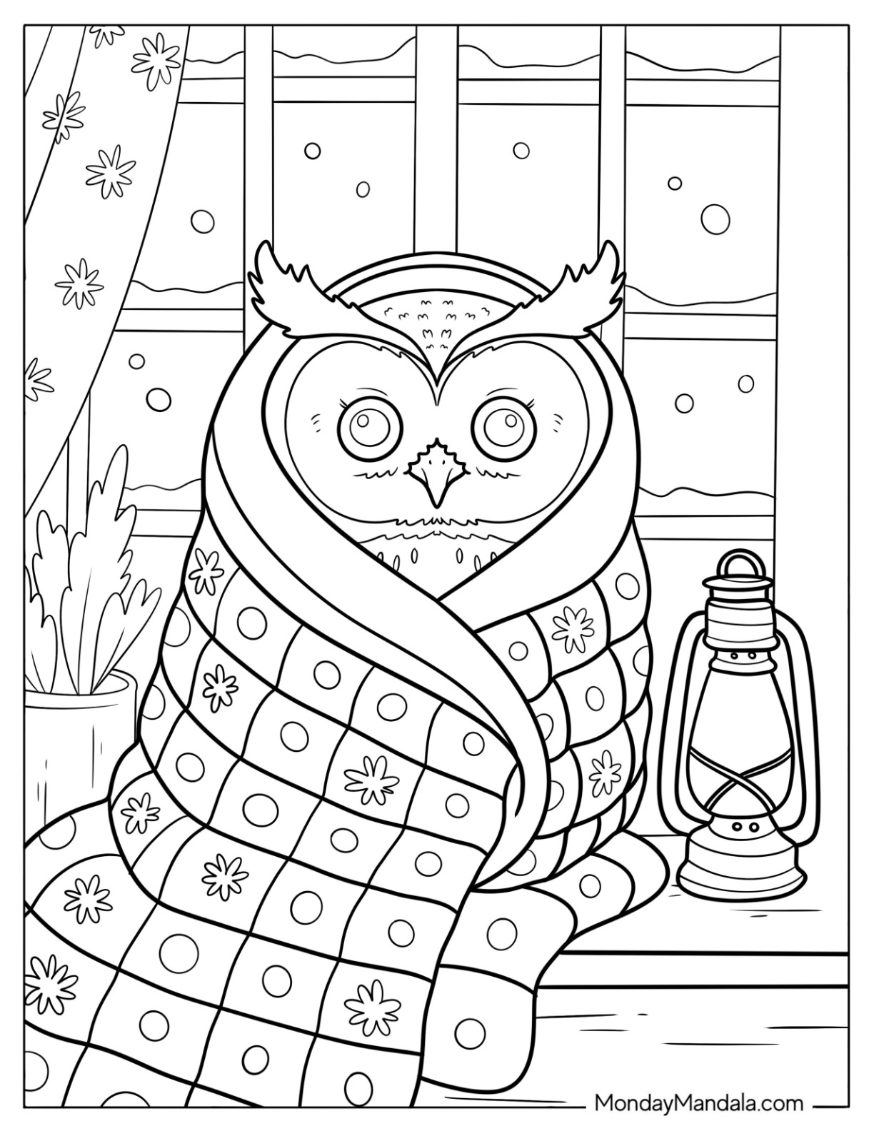 Cozy Owl Coloring Page Wrapped in a Blanket in Winter