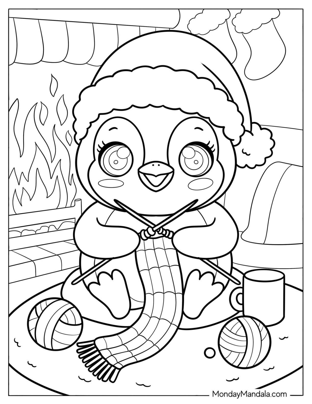 Cozy Penguin in Santa Hat Knitting Coloring Sheet