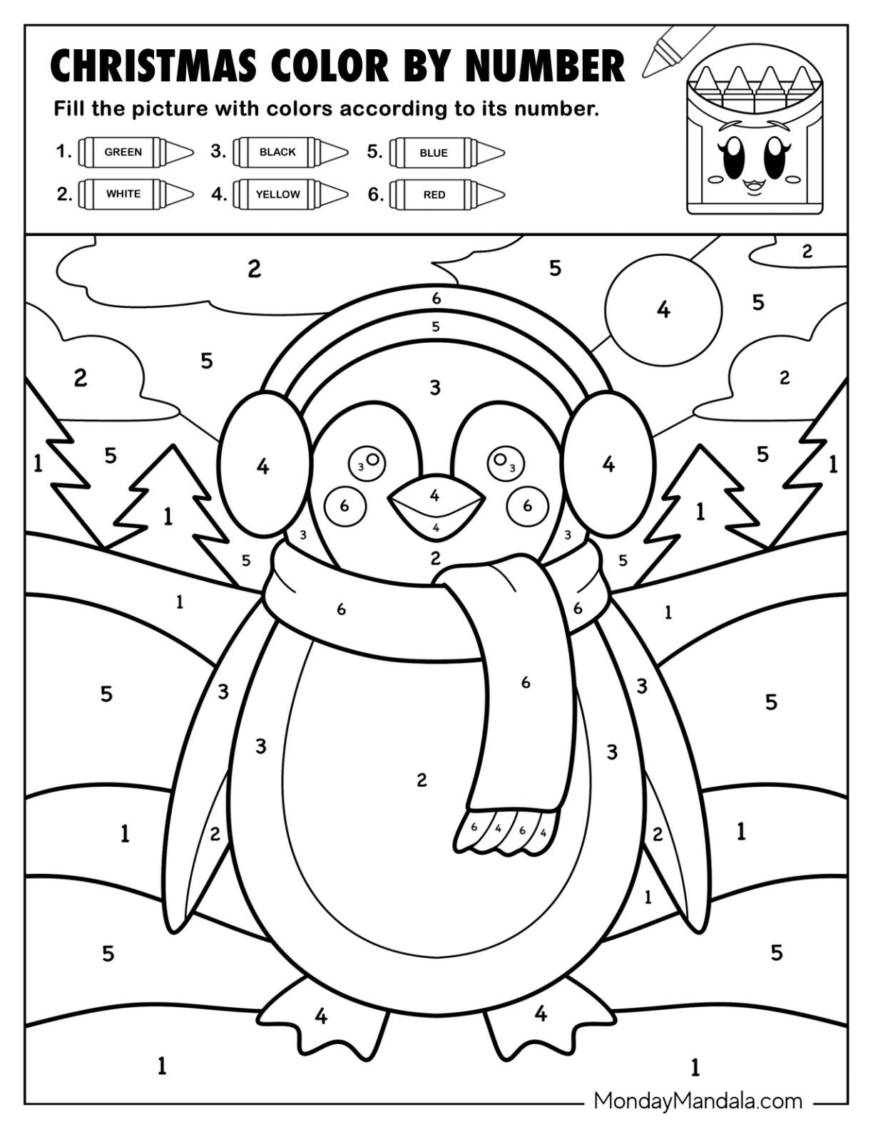 Cozy Penguin with Scarf and Ear Muffs Color by Number