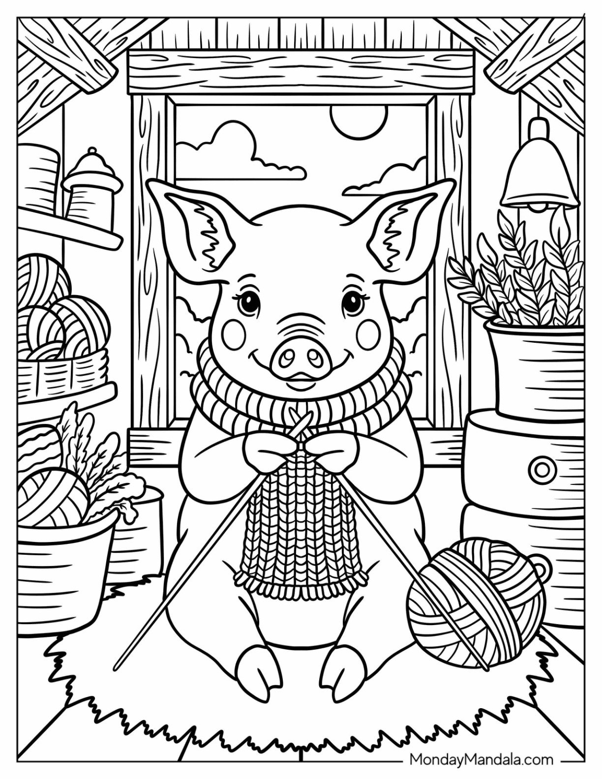 Cozy Pig Coloring Page Knitting a Scarf