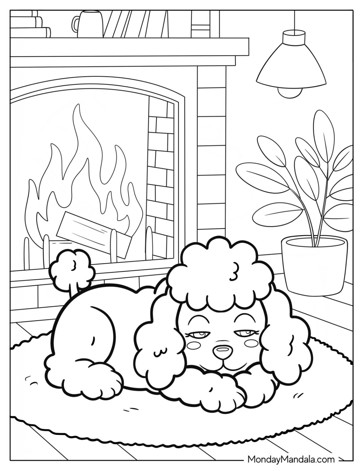 Cozy Poodle Coloring Page Napping by Fireplace on Fuzzy Rug for Kids