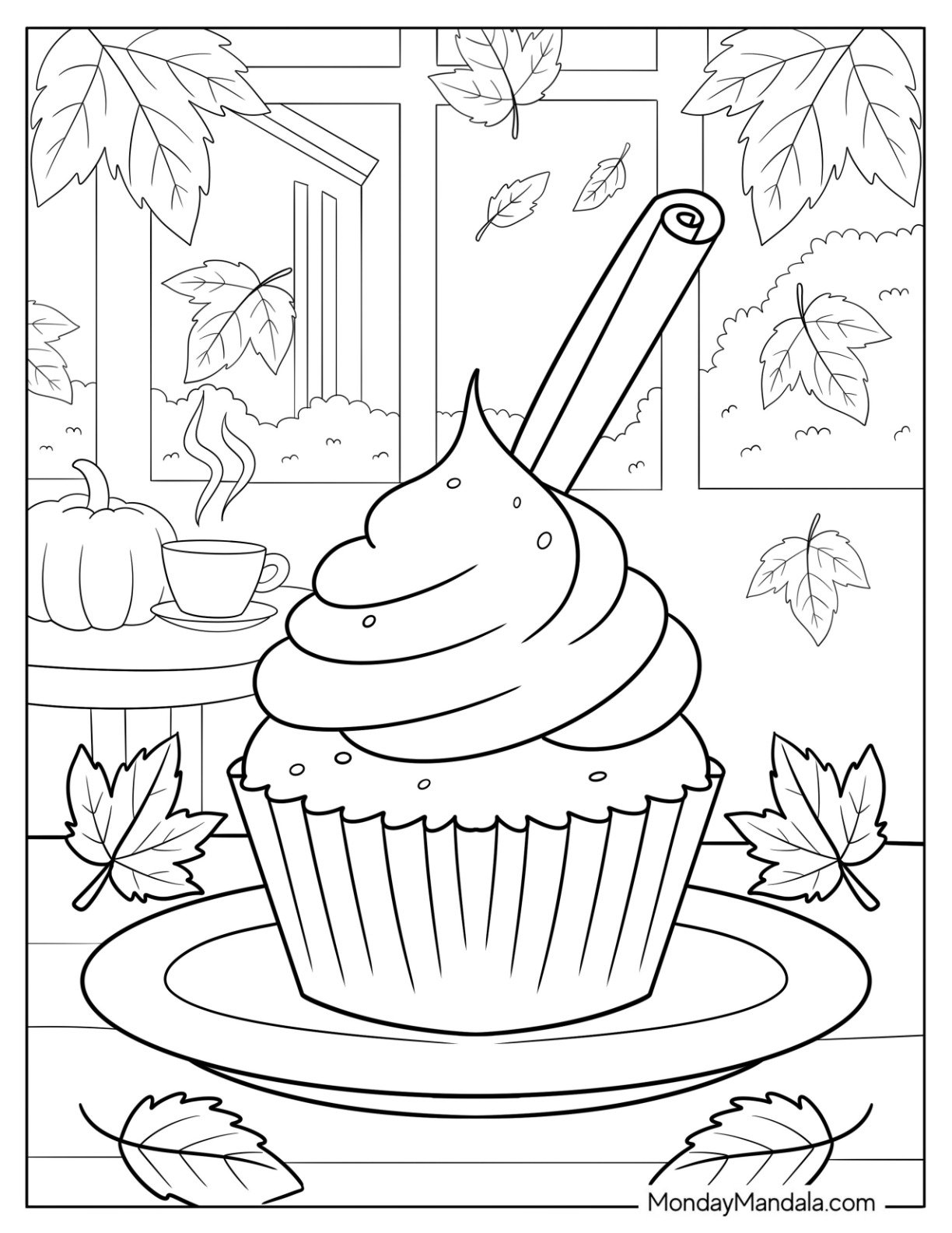 Cozy Pumpkin Spice Cupcake Coloring Page with Cinnamon Stick and Autumn Leaves
