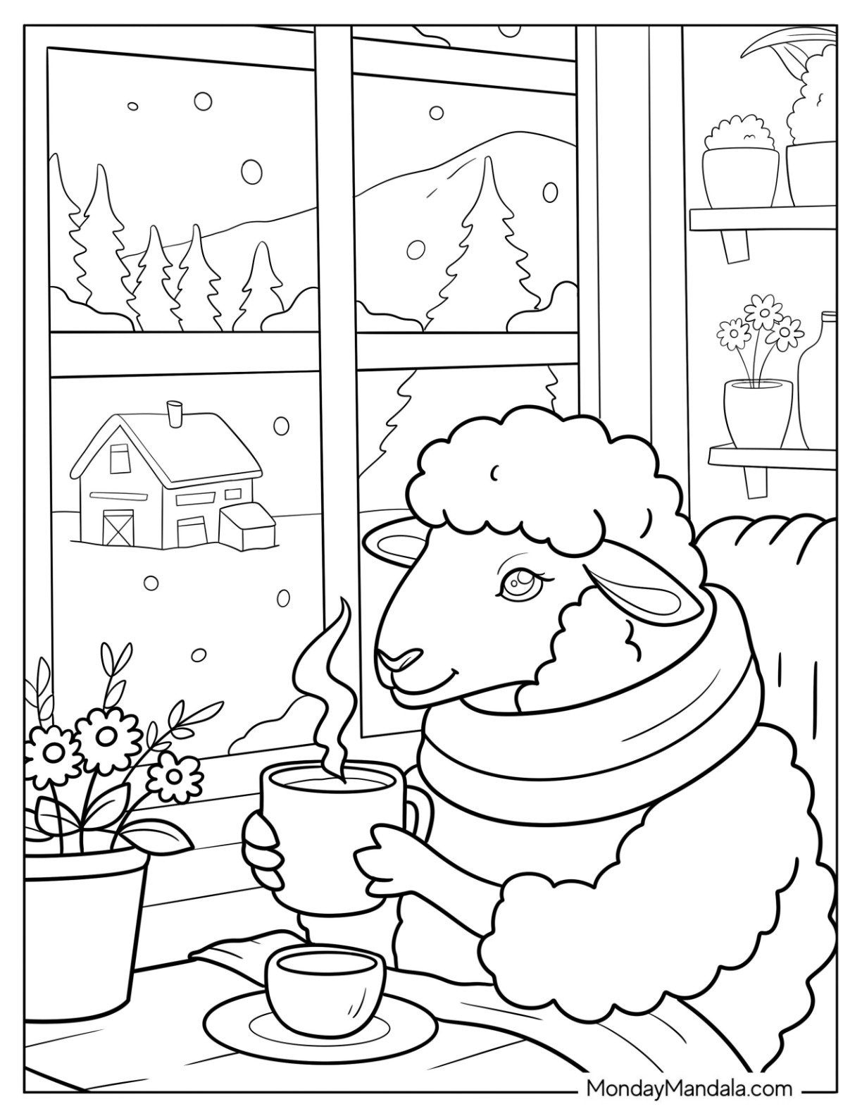 Cozy Sheep Coloring Page Drinking Hot Chocolate by the Window