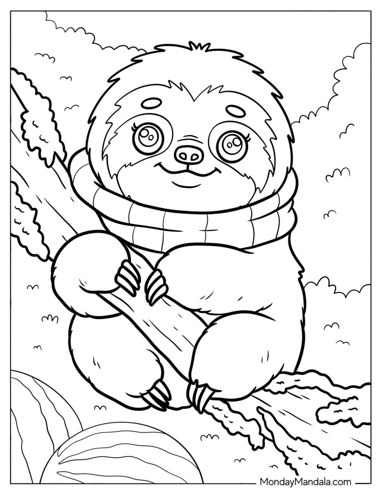 Cozy Sloth Coloring Page in a Scarf Clinging to a Tree Branch