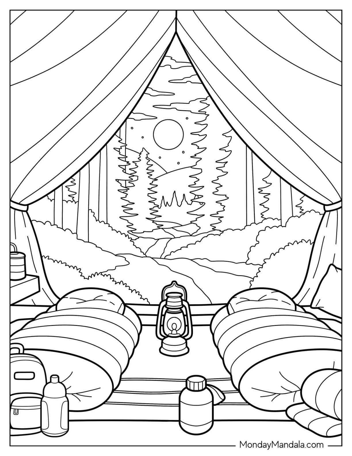 Camping & Hiking Coloring Page of Cozy Tent Interior Overlooking Mountain Path and Starry Sky