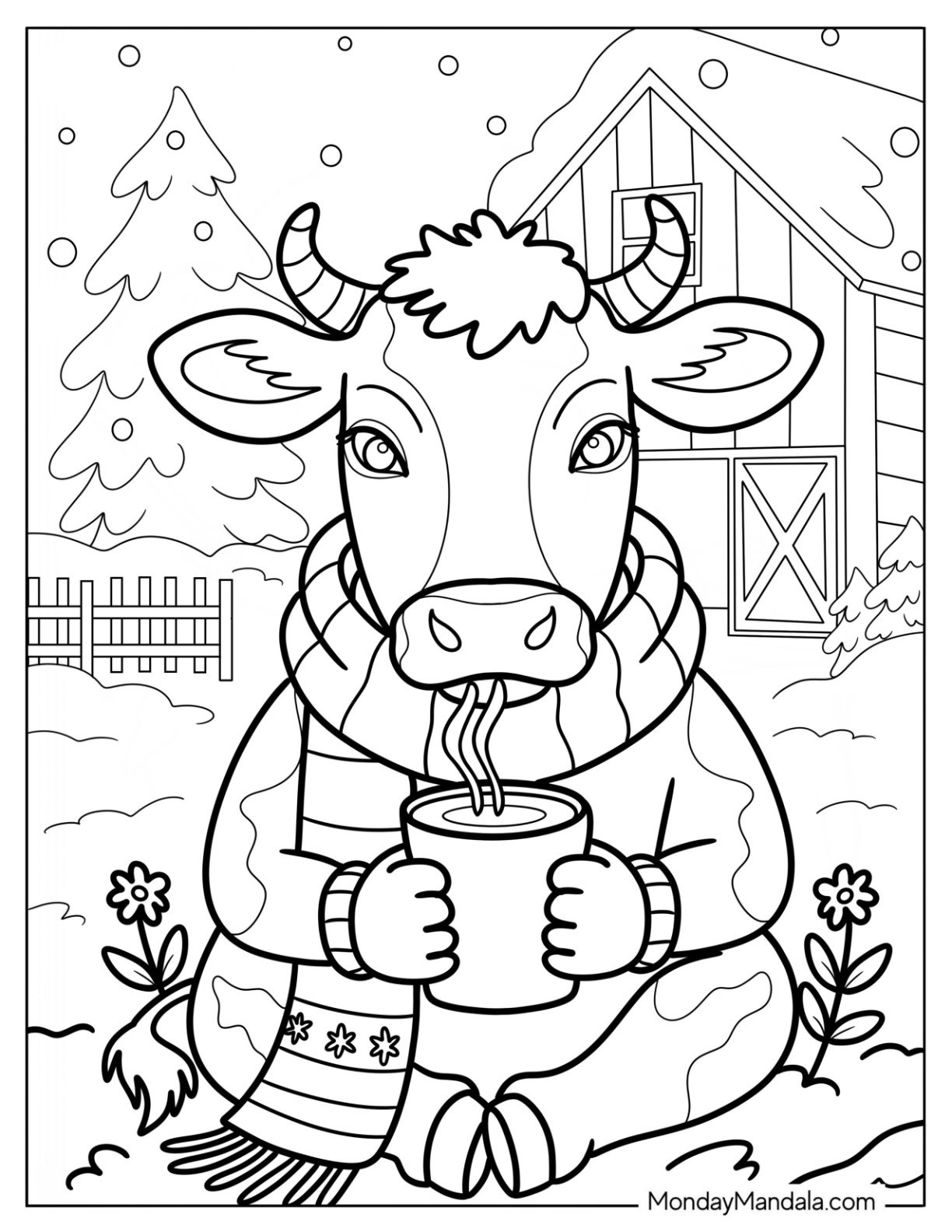 Cozy Winter Cow Coloring Page Sipping Hot Cocoa On A Snowy Farm