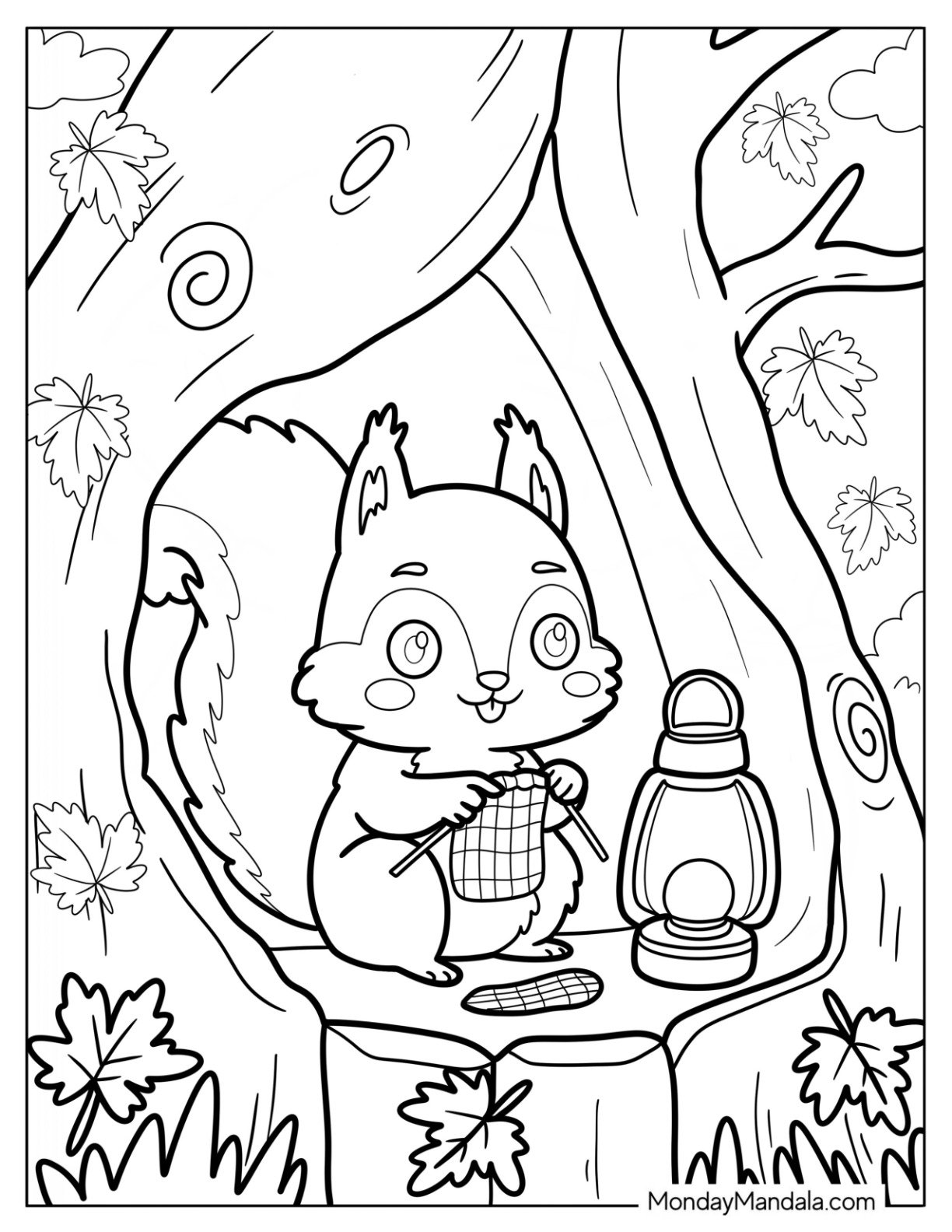 Cozy Woodland Squirrel Coloring Page Knitting Beside Lantern in a Hollow Tree