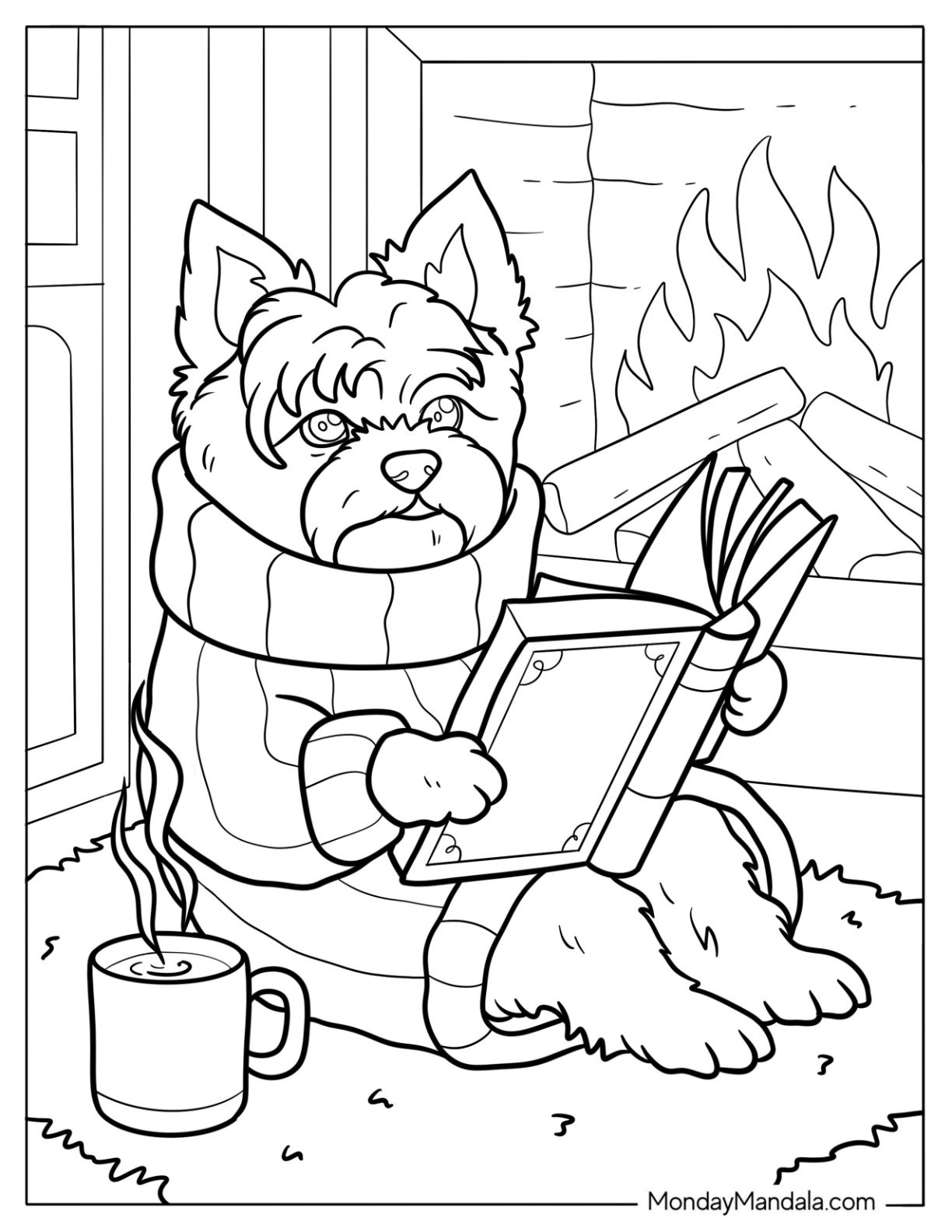 Cozy Yorkie Coloring Page Reading by the Fireplace