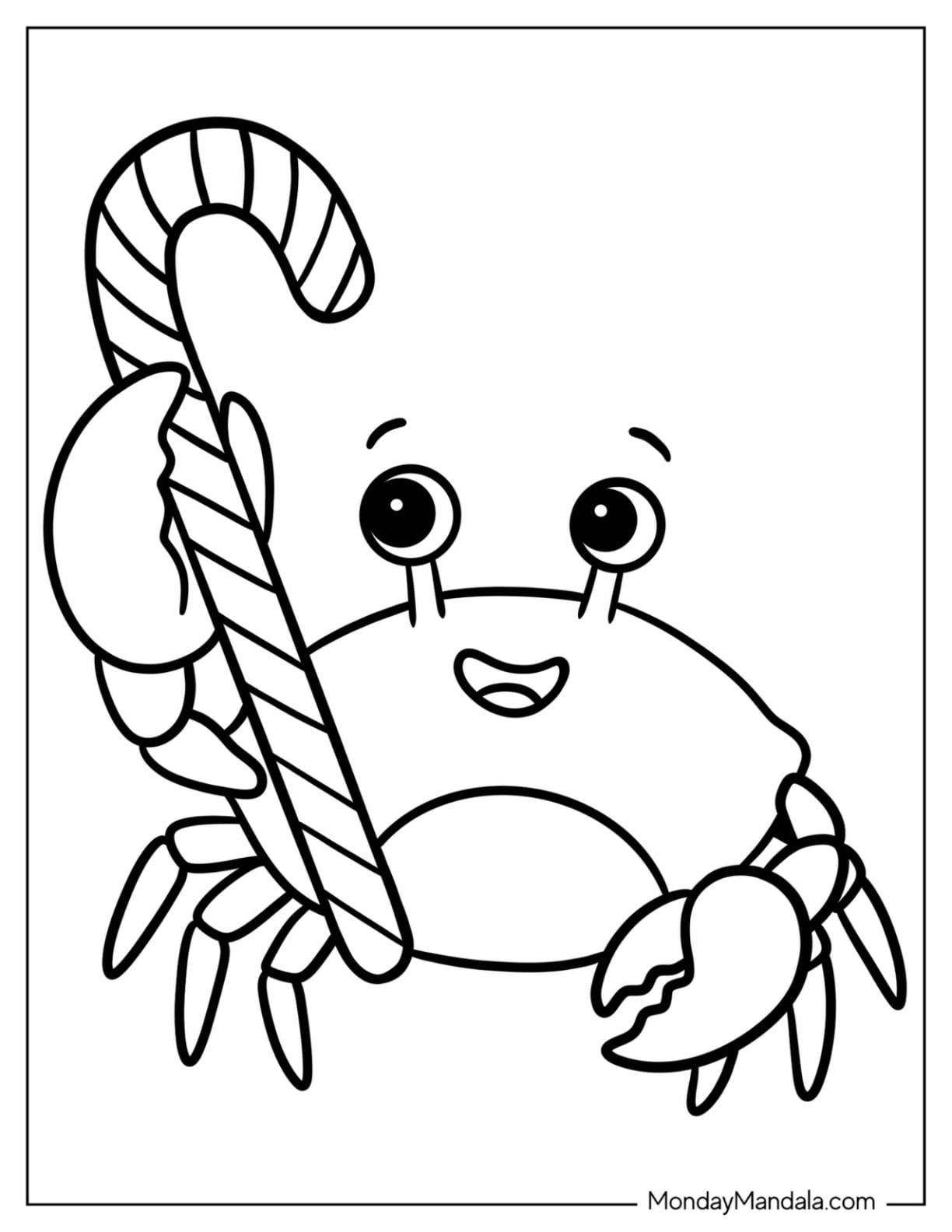Crab Holding a Candy Cane for Christmas in July Coloring Page for Kids