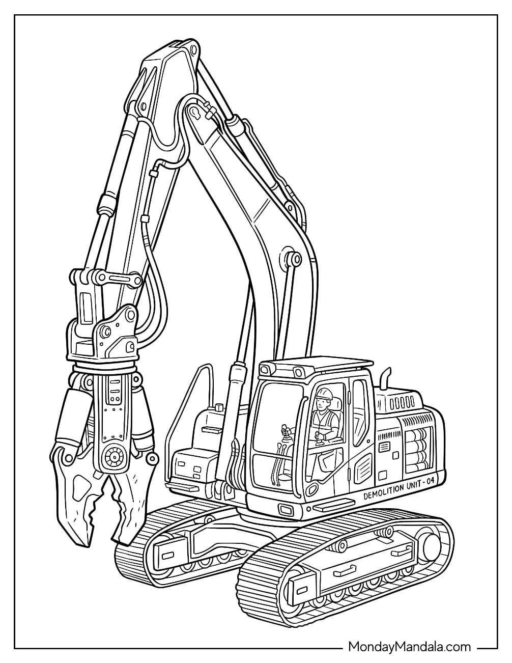 Crawler Excavator with Hydraulic Breaker Attachment Coloring Page