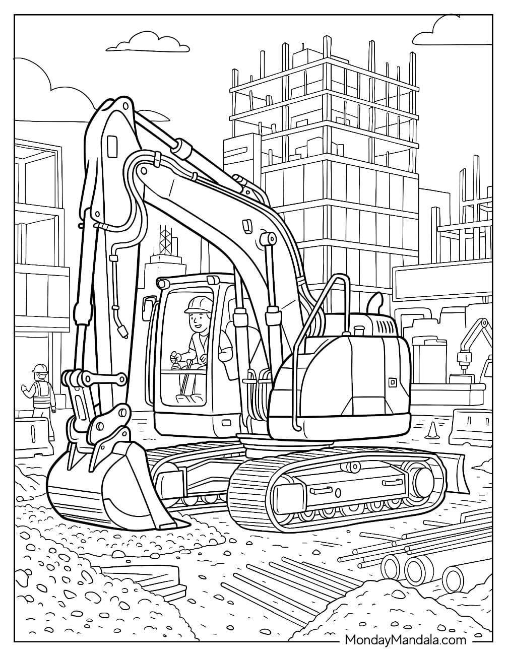Crawler Excavator with Hydraulic Bucket at a Construction Site Coloring Page