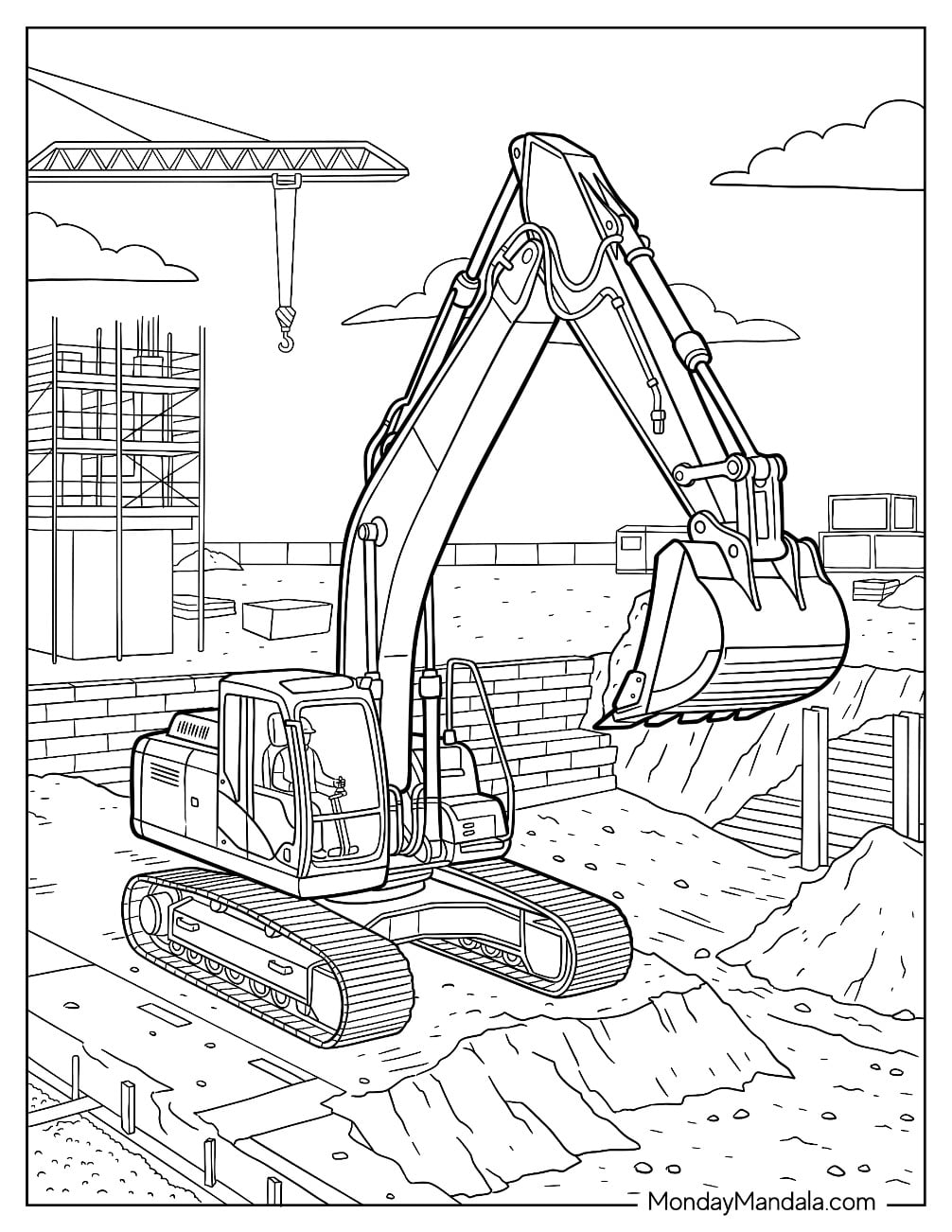 Crawler Excavator with Long Boom and Digging Bucket at a Construction Site Coloring Sheet