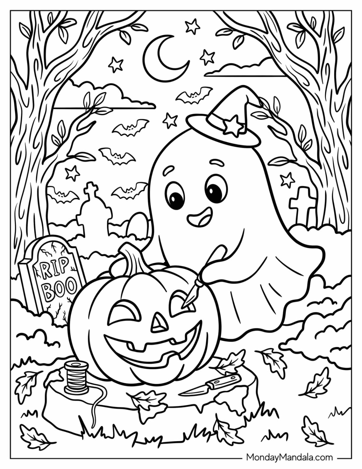 Creative Ghost Carving a Jack O Lantern Coloring Page