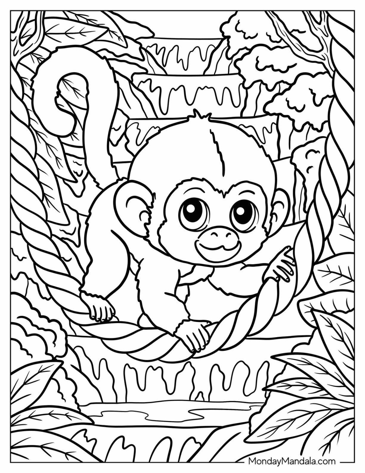 Creeping Baby Monkey Coloring Page on a Tree Vine for Kids