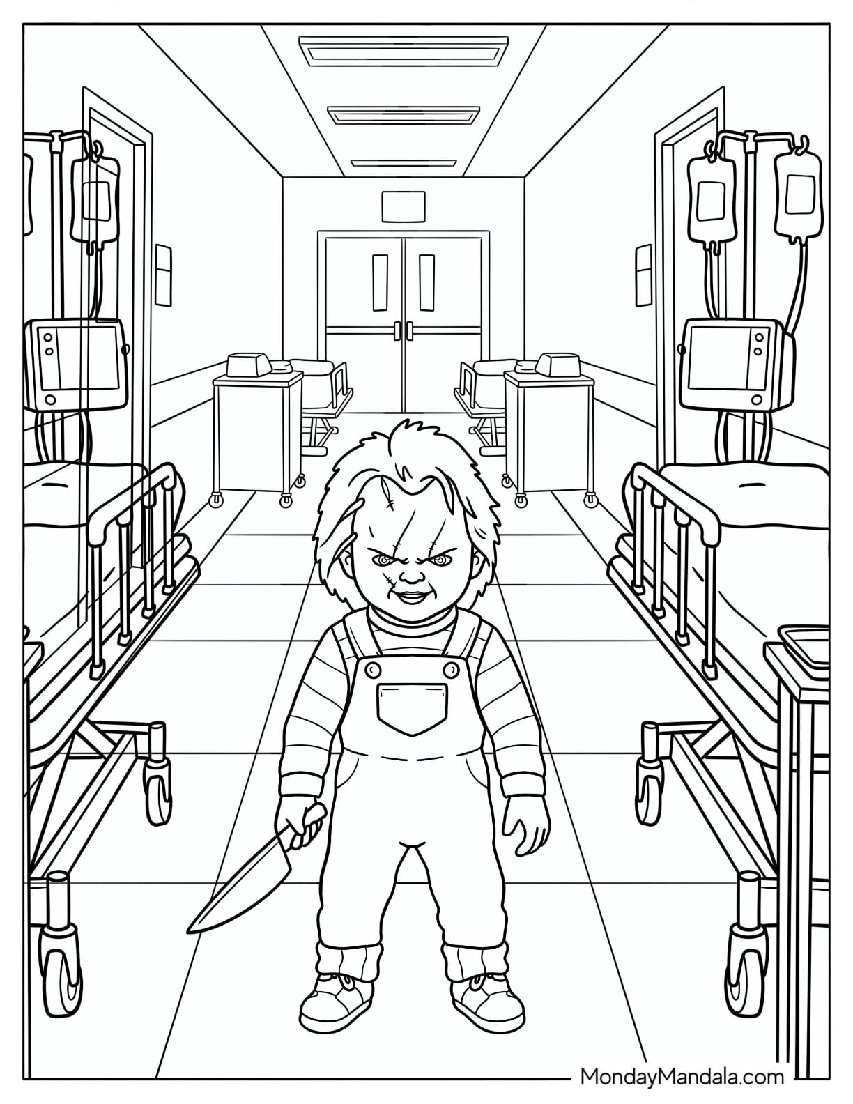 Creepy Chucky Coloring Page with a Knife in a Hospital